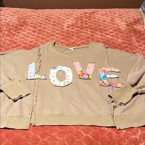 easel Women's Beige Sweatshirt with Colorful 'LOVE' Appliqué